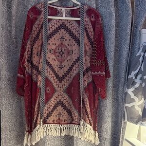 Bohemian Red and Cream shawl with Fringe